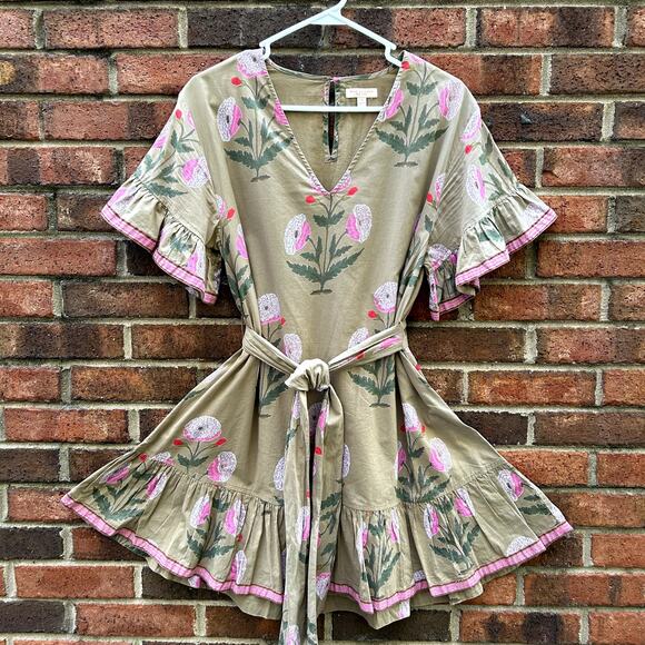 Pink Chicken Floral Tent Mini Dress Ruffle Embellishment Sash Belt Tie Lined XS